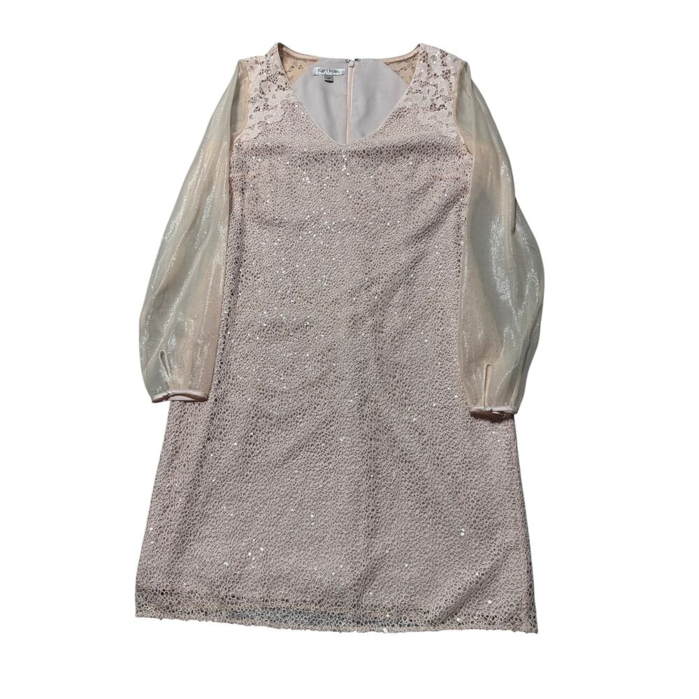 Kay Unger Sheath Dress Womens 12 Blush Pink Sequin Lace Long Sleeve Sheer Boho - Picture 8 of 14